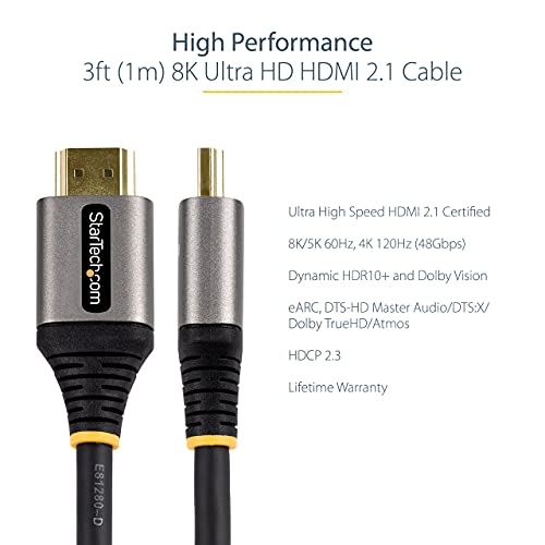 StarTech.com 3ft (1m) HDMI 2.1 Cable 8K - Certified Ultra High Speed HDMI Cable 48Gbps - 8K 60Hz/4K 120Hz HDR10+ eARC - Ultra HD 8K HDMI Cable - Monitor/TV/Display - Flexible TPE Jacket (HDMM21V1M)