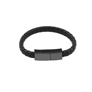 Outstanding USB Type-C Charging Cable Bracelet Neutural, USB C Phone Charger 2.4A Current, Wristband Design Charger Leather Bracelet Portable Travel Charger, Braided Cord Black 22.5cm