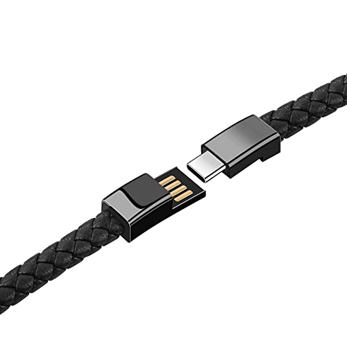 Outstanding USB Type-C Charging Cable Bracelet Neutural, USB C Phone Charger 2.4A Current, Wristband Design Charger Leather Bracelet Portable Travel Charger, Braided Cord Black 22.5cm