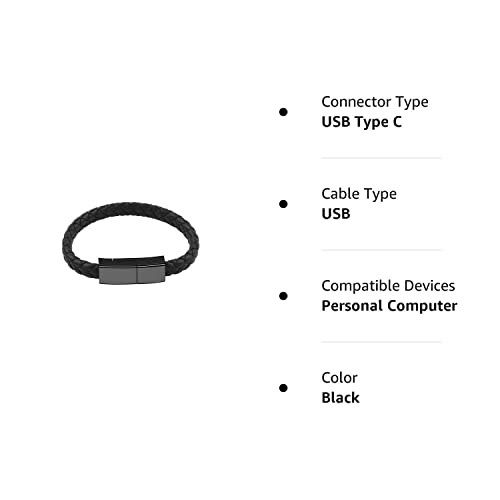 Outstanding USB Type-C Charging Cable Bracelet Neutural, USB C Phone Charger 2.4A Current, Wristband Design Charger Leather Bracelet Portable Travel Charger, Braided Cord Black 22.5cm
