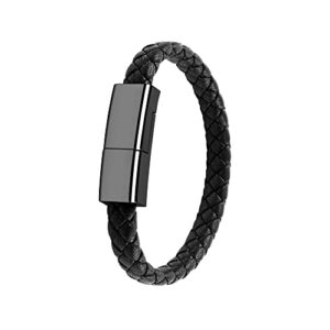 Outstanding USB Type-C Charging Cable Bracelet Neutural, USB C Phone Charger 2.4A Current, Wristband Design Charger Leather Bracelet Portable Travel Charger, Braided Cord Black 22.5cm
