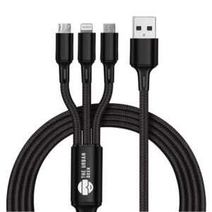 theurbangeek 3-in-1 nylon braided fast usb charging/data cable, 3.28 ft, compatible with apple iphone 14/pro/13 through iphone 6, android, tablet, 3 ports and 5 colors (black)