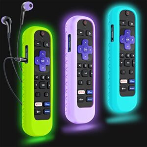 3pack case for roku headphone remote, battery cover for roku voice pro remote, rechargeable control with headphone jack silicone sleeve skin glow in the dark