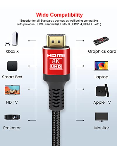 SKW 8K HDMI 2.1 Cable 15ft, 48Gbps Ultra High Speed HDMI Braided Cord, Supports 8K@60Hz, 4K@120Hz 144Hz, DTS:X, HDCP 2.2 & 2.3, eARC, HDR 10, Compatible with TV Xbox PS4 PS5 Monitor Blu-Ray