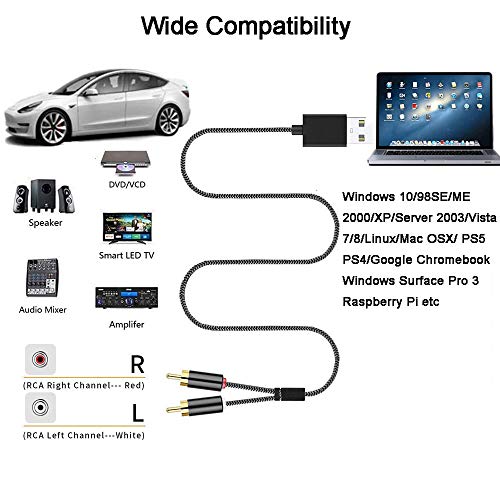 ZARSSON USB to 2-Male (6FT) RCA Audio Aux Cable for PC Stereo Y Splitter Adapter Compatible with USB A Laptop, Linux, Windows, Desktops, PS4 and More Device for Amplifiers, Home Theater, Speaker