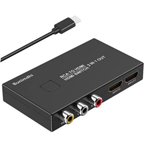 rca to hdmi converter, sunimdhi av to hdmi converter, 3 in 1 out manual hdmi 2.0 hub supports hd 720/1080p compatible with xbox ps5/4/3 blue-ray dvd player fire stick roku vcr vhs