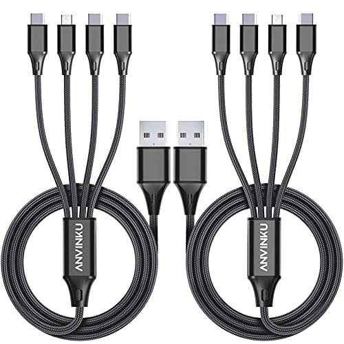 Multi Charging Cable, 4 in1 Multi Charger Cable Nylon Braided, 3A 4FT Universal Chargers for All Devices with Type-C/Micro USB Port, USB Charging Cable for All Cell Phones and More (Black, 2Pack)