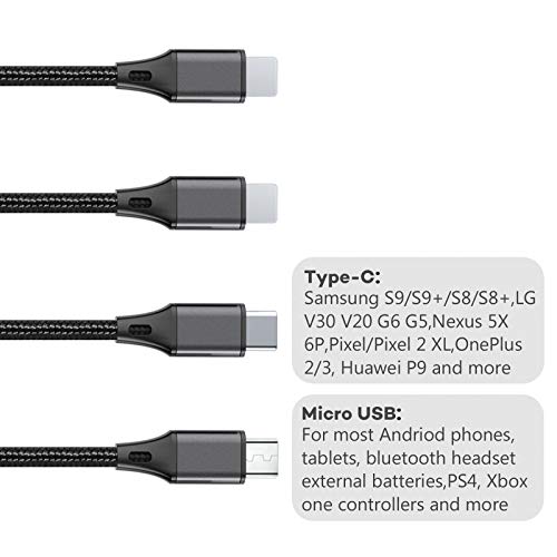 Multi Charging Cable, 4 in1 Multi Charger Cable Nylon Braided, 3A 4FT Universal Chargers for All Devices with Type-C/Micro USB Port, USB Charging Cable for All Cell Phones and More (Black, 2Pack)