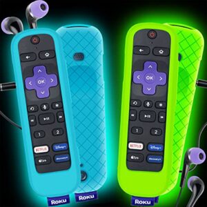2 pack case for roku voice remote pro, cover for roku headphone remote rechargeable controller silicone sleeve skin with lanyard glow in the dark