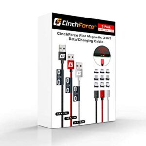 CinchForce Flat Magnetic 3-in-1 Data/Charging Cable with Flat Magnetic Adapters and Tip Storage Holder, Compatible with Type-C, iProduct, Micro-USB, Updated for 2021-3 Pack (6.6ft/3.3ft/1.6ft)