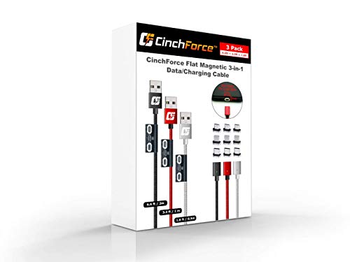 CinchForce Flat Magnetic 3-in-1 Data/Charging Cable with Flat Magnetic Adapters and Tip Storage Holder, Compatible with Type-C, iProduct, Micro-USB, Updated for 2021-3 Pack (6.6ft/3.3ft/1.6ft)