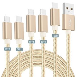 slub usb c cable 5-pack (3/3/6/6/10ft) type c charger nylon braided usb cable, usb a to usb c charging cord fast charge for samsung galaxy s10 s9 s8 /note10 9 8, lg v30 v20,usb c charger (gold)