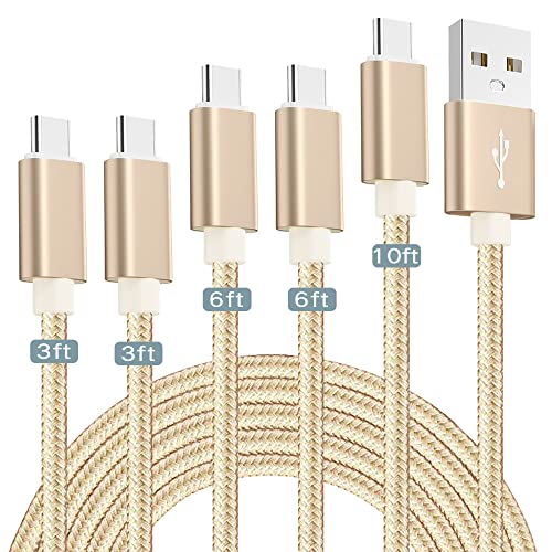 SLuB USB C Cable 5-Pack (3/3/6/6/10FT) Type C Charger Nylon Braided USB Cable, USB A to USB C Charging Cord Fast Charge for Samsung Galaxy S10 S9 S8 /Note10 9 8, LG V30 V20,USB C Charger (Gold)