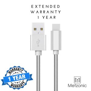 METZONIC USB A to Type C Metal Braided Fast Charge Cable, with Insulation Coated Steel [2 Pack, 6.6 Feet], Fast Charge Data Sync and Transfer Cord (Silver)