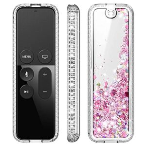 nznd protective case compatible with apple tv siri remote 4k / 4th / 5th generation – glitter liquid waterfall floating sparkle bling diamond shockproof cover (rose gold)