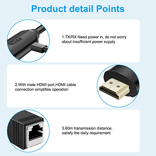 HDMI Over Ethernet Cat5e / Cat6 RJ45 Ethernet Cable, Male to Male HDMI to RJ45 Ethernet Network Converter 2 Ports up to 196ft/60m Transmitter Receiver Power On Support Full 1080p from Displays