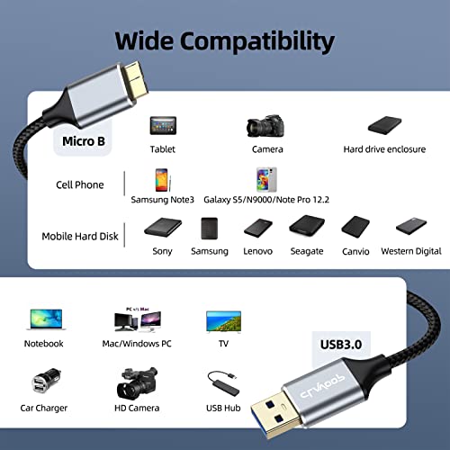 CLAVOOP External Hard Drive Cable Cord, USB Micro B Cable 5 Gbps High-Speed Braided USB A to Micro B Hard Drive Wire Male to Male Compatible with MacBook Air Pro Galaxy S5 Note3 Hard Drive - 3 Feet