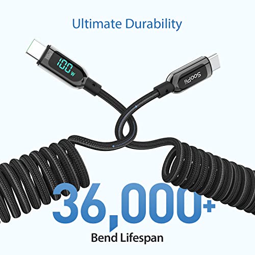 SooPii Coiled USB C Cable, 100W USB C to USB C Cable Fast Charge, 6FT Nylon Braided Type-C Cable with LED Display for lPad Air/lPad Pro, MacBook Pro, Samsung Galaxy S21,and other USB C Devices (Black)