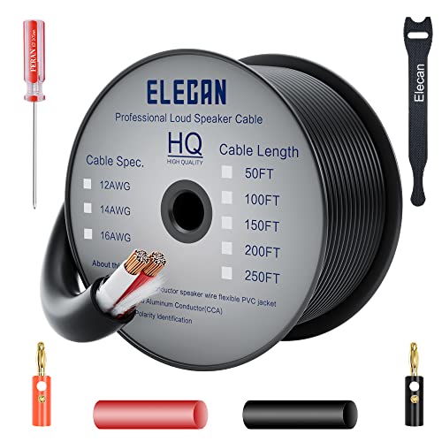 Elecan 14/2 Outdoor Speaker Wire Cable 50 Ft 14 Gauge AWG with Tool Kits-Direct Burial in Wall CL3 CL2 Rated-Pro Series 14AWG 2 Conductors-PVC Jacket& Film& Cotton-for Home Theater&Car Speakers-Black