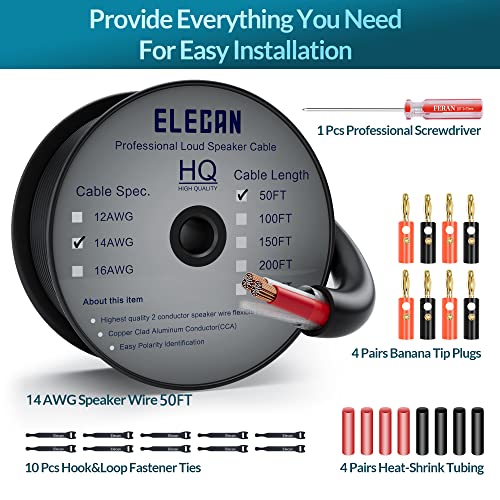 Elecan 14/2 Outdoor Speaker Wire Cable 50 Ft 14 Gauge AWG with Tool Kits-Direct Burial in Wall CL3 CL2 Rated-Pro Series 14AWG 2 Conductors-PVC Jacket& Film& Cotton-for Home Theater&Car Speakers-Black