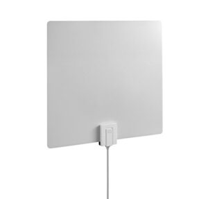 one for all amplified hdtv antenna for 1080p 4k free tv channels, 60 miles long reception range, external signal booster and 10ft coax cable included, thin dual color design white/black, model 14551