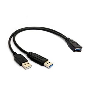 ALINNA Black USB 3.0 Female to Dual USB Male Extra Power Data Y Extension Cable Splitter Adapter for 2.5 Mobile Hard Disk, 1 feet