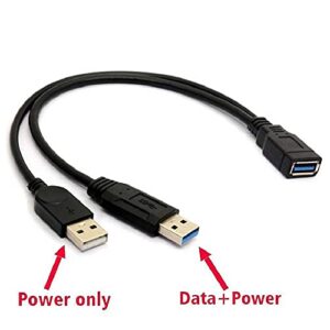 ALINNA Black USB 3.0 Female to Dual USB Male Extra Power Data Y Extension Cable Splitter Adapter for 2.5 Mobile Hard Disk, 1 feet