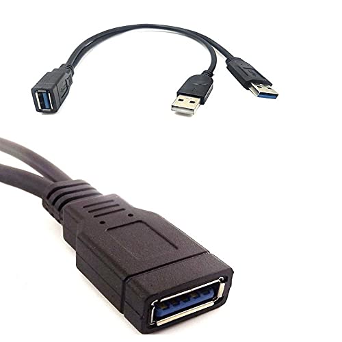 ALINNA Black USB 3.0 Female to Dual USB Male Extra Power Data Y Extension Cable Splitter Adapter for 2.5 Mobile Hard Disk, 1 feet