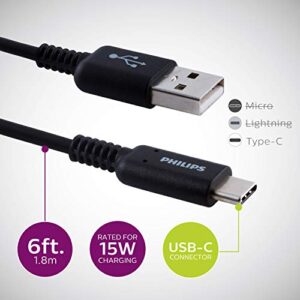 Philips Accessories USB-C to USB-A Charging Cable, 6 Ft Cord, USB-If Certified, 15W, Compatible W/iPad Pro, MacBook Pro, Samsung Galaxy S21/S10/S9/Plus, Google Pixel 5/C/3/2/XL, Black, DLC4106A/37