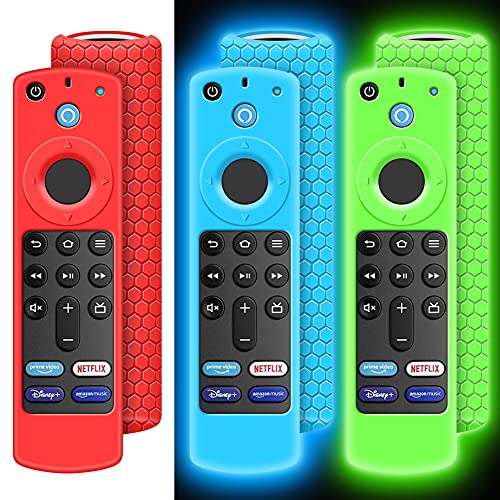 3 Pack Case for Alexa Voice Remote 3rd Gen 2021, Protective Cover for Fire TV Stick 4k 2021 Remote Control Replacement All-New Silicone Sleeve Skin Holder Protector-Glow Blue,Glow Green,Red