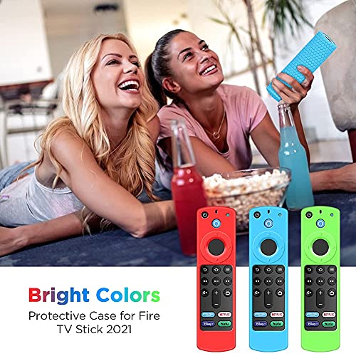 3 Pack Case for Alexa Voice Remote 3rd Gen 2021, Protective Cover for Fire TV Stick 4k 2021 Remote Control Replacement All-New Silicone Sleeve Skin Holder Protector-Glow Blue,Glow Green,Red