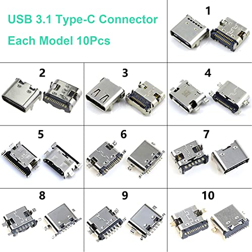 Teansic 100Pcs 10Models Type-C USB 3.1 Charging Dock Connectors Mix 6Pin and 16Pin Use for Mobile Phone and Other Product Repair Kits