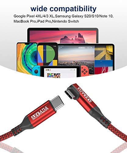 2 Pack Right Angle USB C to USB C Cable (6.6ft,60W), Type C 90 Degree Nylon Braided Fast Charging Cable for MacBook Pro,iPad Pro, Samsung Galaxy S20 Note 20,Google Pixel 4 3 XL (Red)