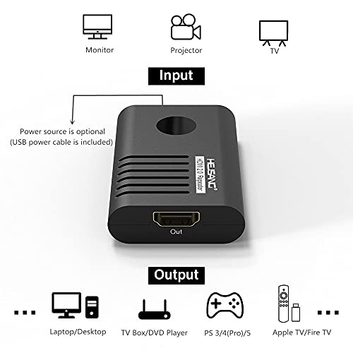 HDMI Booster 2.0, HEJSANG 4K 60Hz 1080P 3D HDMI Amplifier Repeater, HDMI Signal Booster 18Gbps Bandwidth HDCP 2.2 HDMI 2.0