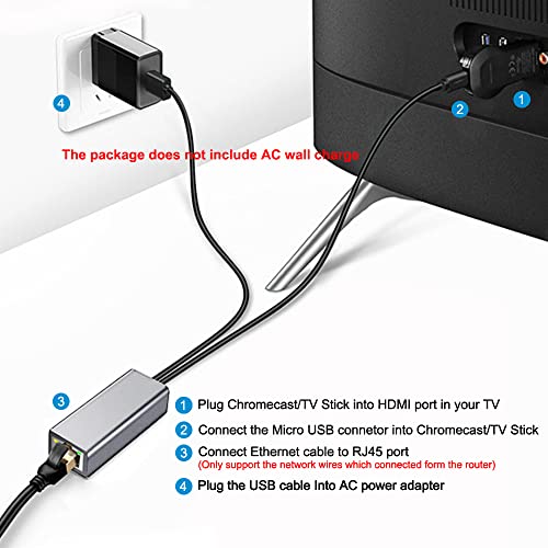 Ethernet Adapter for Fire TV Stick Google Home Mini Chromecast and More Streaming TV Sticks 10/100Mbps Network Micro USB (A) to RJ45 Ethernet Adapter with USB Power Supply Cable 3.3ft (Gray)