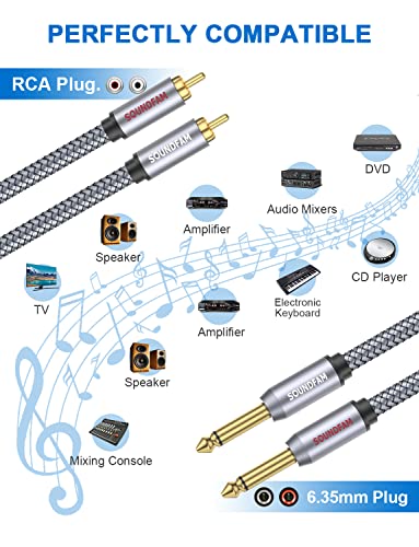 SOUNDFAM RCA to 1/4 Cable，Dual RCA to Dual 1/4 inch TS Stereo Audio Interconnect Cable，Dual 6.35mm to Dual RCA/Phono Patch Cable-Grey(3.3Feet/1M)