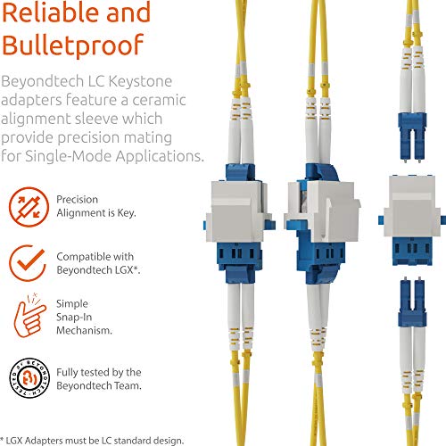 BEYONDTECH Fiber Optic LC to LC Adapter Singlemode OS1 OS2 UPC Keystone Jack (Modular) Color: Blue - 5 Pack - Compatible with Keystone Patch Panels and Wall Plates PureOptics