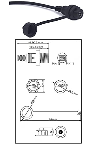 Kework Mini USB 5 Pin Mount, 0.3 Meter Mini USB Male to Female Flush Mount Panel Mount Extension AUX Cable for Car Truck Boat Motorcycle Dashboard, Sync Charging and Data Transferring