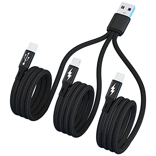 GELRHONR Multi USB C Splitter Cable,USB A to Dual Type-C + Micro USB Male Charge Cable,Nylon Braided Cord with 3x1.2m Cable, 5A Fast Charge,Compatible with Mobile/Android and More （3.9FT-1.2M）