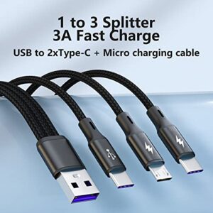 GELRHONR Multi USB C Splitter Cable,USB A to Dual Type-C + Micro USB Male Charge Cable,Nylon Braided Cord with 3x1.2m Cable, 5A Fast Charge,Compatible with Mobile/Android and More （3.9FT-1.2M）