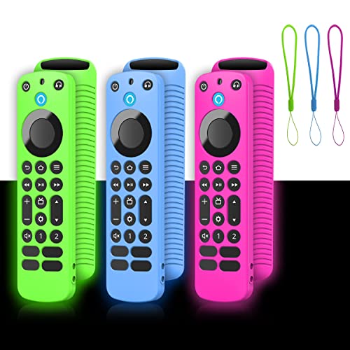 YIPINJIA Case for Alexa Voice Remote Pro 2022, 【3 Pack】Soft Silicone Fire tv Alexa Voice Remote Pro Controller Cover(Glow in the Dark) with Lanyard|Light Weight/Anti Slip/Shock Proof(Blue+Green+Pink)