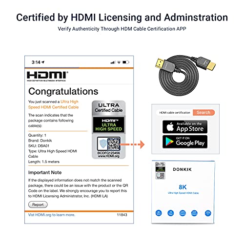 DONKIK Certified 8K Ultra High Speed HDMI 2.1 Thin Cable 4.9ft, 48Gbps HDMI Cord 4.9ft, 8K@60Hz 4K@120Hz HDR eARC HDCP 2.2 2.3 Compatible with PS5, Xbox, Switch, Apple TV, Roku, Gaming PC