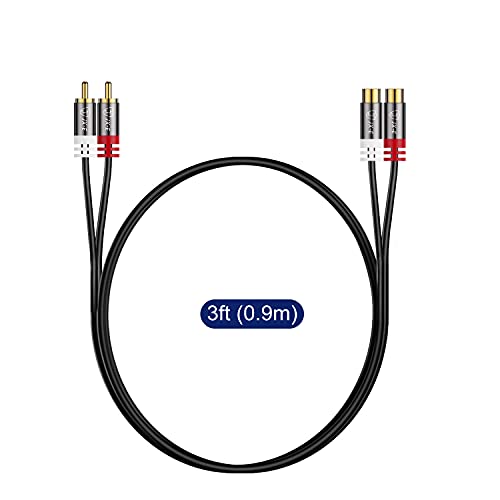 JX-E 2 RCA Extension Cable, Copper Shell 2 RCA Male to 2 RCA Female Stereo Audio Extension Cable, 3 Feet