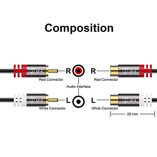 JX-E 2 RCA Extension Cable, Copper Shell 2 RCA Male to 2 RCA Female Stereo Audio Extension Cable, 3 Feet