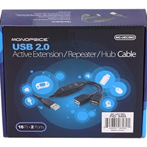 Monoprice USB 2.0 Extension Cable - 16 Feet - Black | 2 Port USB Type-A Male to USB Type-A Female, Active, Repeater