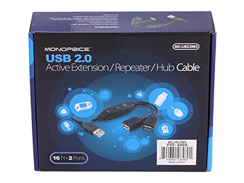 Monoprice USB 2.0 Extension Cable - 16 Feet - Black | 2 Port USB Type-A Male to USB Type-A Female, Active, Repeater