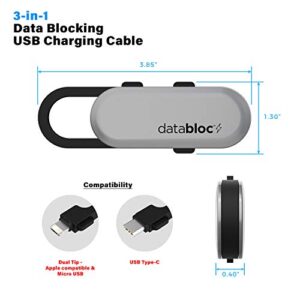 Eyebloc Databloc 3-in-1 Data Blocking Micro USB Multi Charging Cable - Type C, Dual Tip Compatibility - Hacker Safe, Data Protection - Silver