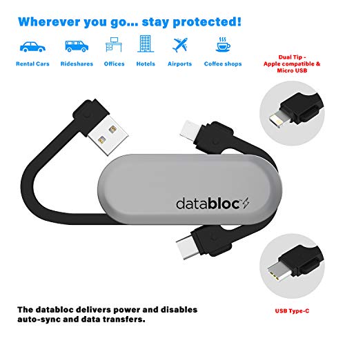 Eyebloc Databloc 3-in-1 Data Blocking Micro USB Multi Charging Cable - Type C, Dual Tip Compatibility - Hacker Safe, Data Protection - Silver