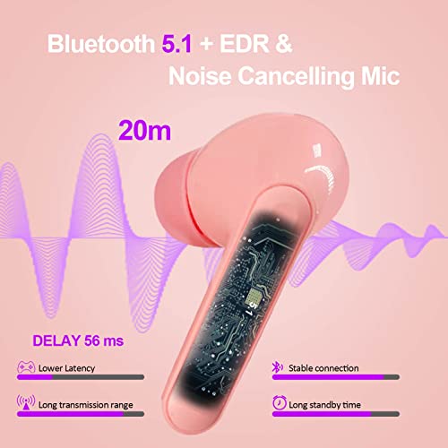 Conchpeople True Wireless Earbuds Bluetooth 5.1 Wireless Headphones with Microphone, IPX7 Waterproof, Charging Case LED Power Display, Deep Bass Crystal-Clear Calls Headset for Sports and Work (Pink)