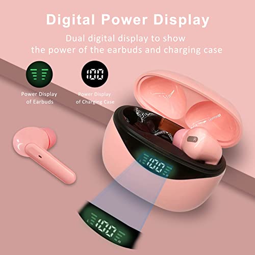 Conchpeople True Wireless Earbuds Bluetooth 5.1 Wireless Headphones with Microphone, IPX7 Waterproof, Charging Case LED Power Display, Deep Bass Crystal-Clear Calls Headset for Sports and Work (Pink)